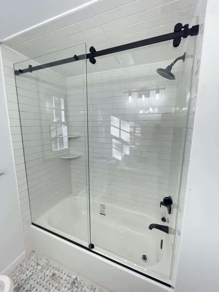 Toughened Glass Shower Partition with Black Fittings near me in Bangalore , Karnataka Railfit